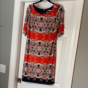 Eliza J Orange and Blue Sheath Maxi Dress with 3/4 Sleeves and Crew Neck